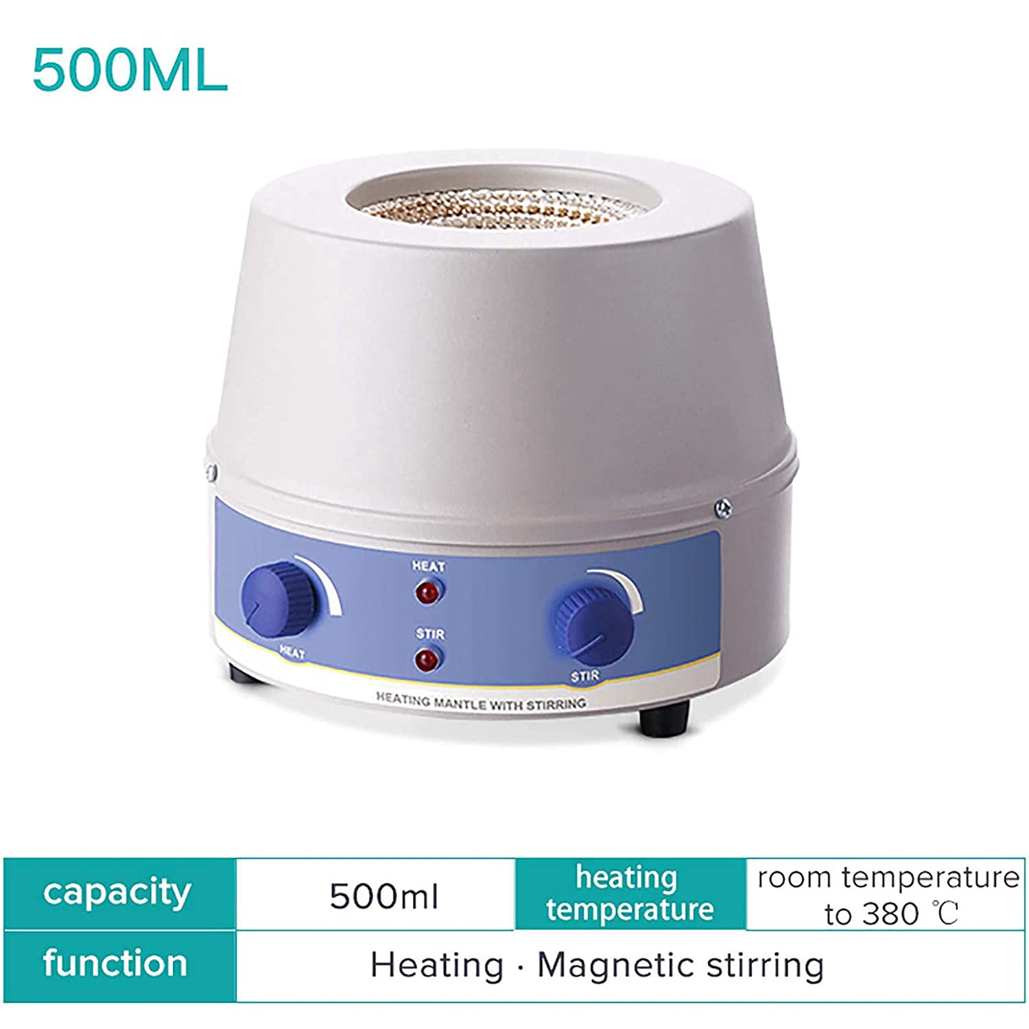 Manto Calefactor con Agitador MagnéTico, Mezclador con Agitador MagnéTico para Calentar Y Agitar, Capacidad De AgitacióN De 100 Ml / 500 Ml / 1000 Ml / 2000 Ml, 100-2400 W, RT A 380 ° C,500ml