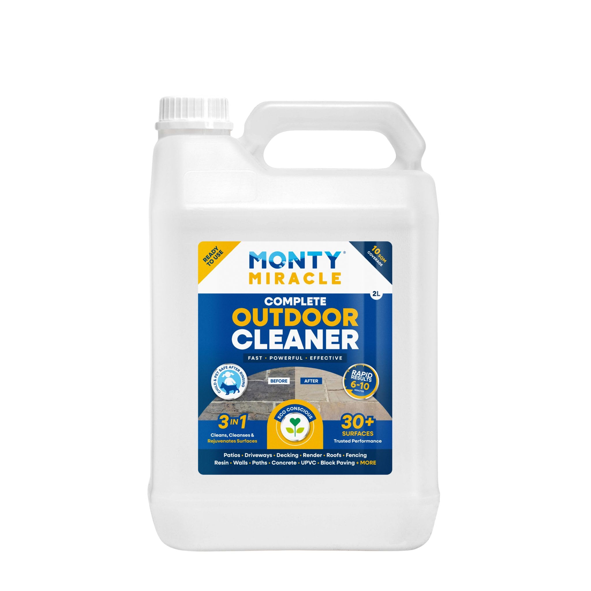 Monty Miracle® Outdoor Cleaner, 2 Litre. Clean & Rejuvenate your Patio, Decking, Fencing, Paths, Driveway, Render & More - Results in 6-10 Minutes! Slip free, Pet & Child Safe after Rinsing. (2L) — image 1
