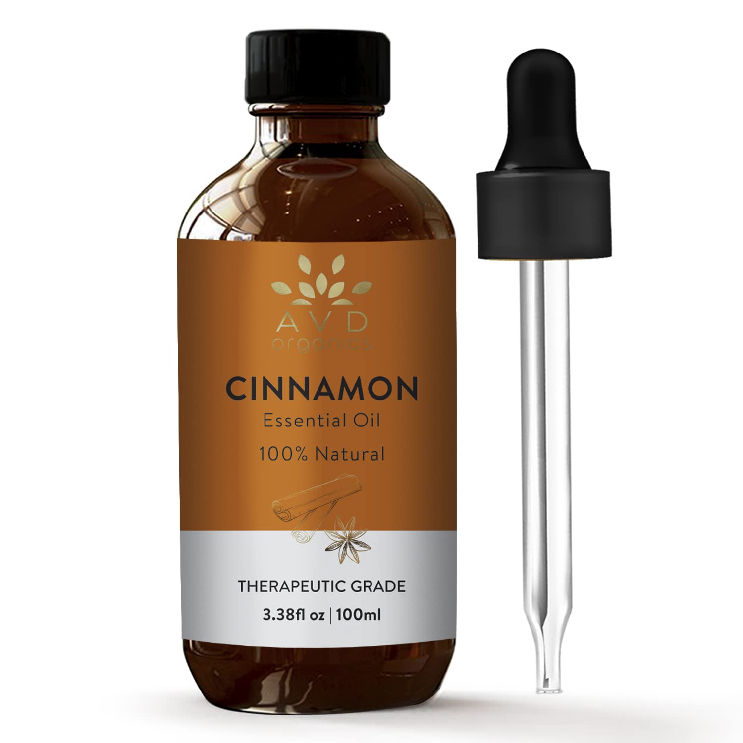 AVD Organics Cinnamon Essential Oil 100ml - (100% Pure & Natural - UNDILUTED) Therapeutic Grade - Perfect for Aromatherapy, Relaxation, Skin Care & More -3.38 fl. Oz