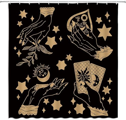 GCTNBJL Cortina de ducha de bruja, quiromancia, espeluznante, tablero de Ouija, sol, luna, hojas de mano, estrella, bohemio, tarot mágico, brujería,