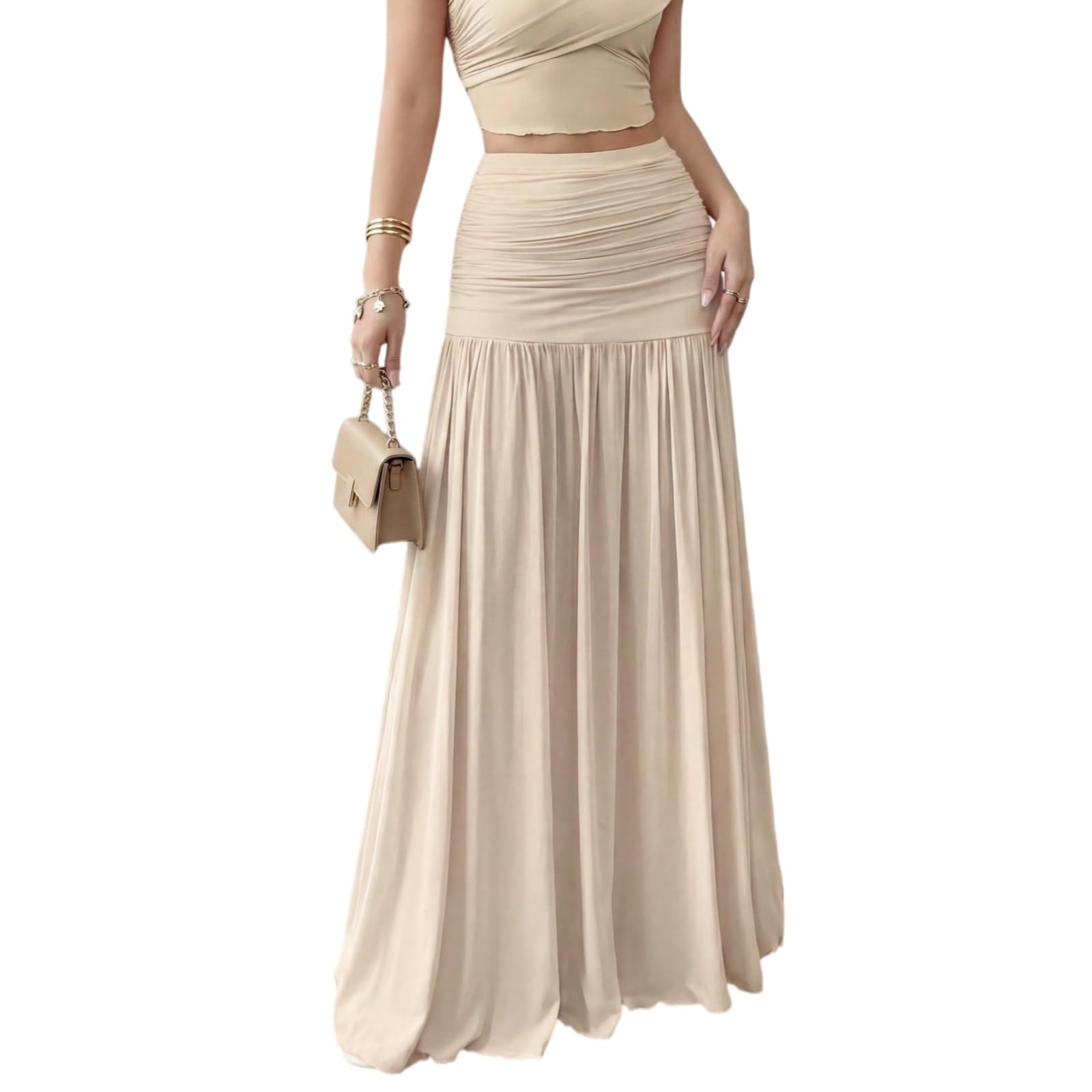 Minifalda Falda Plisada Midi Elegante De Las Mujeres Cintura Alta Slim Fit Larga Flujo A-línea Casual Verano Moda Chic Traje-Pink-XXL