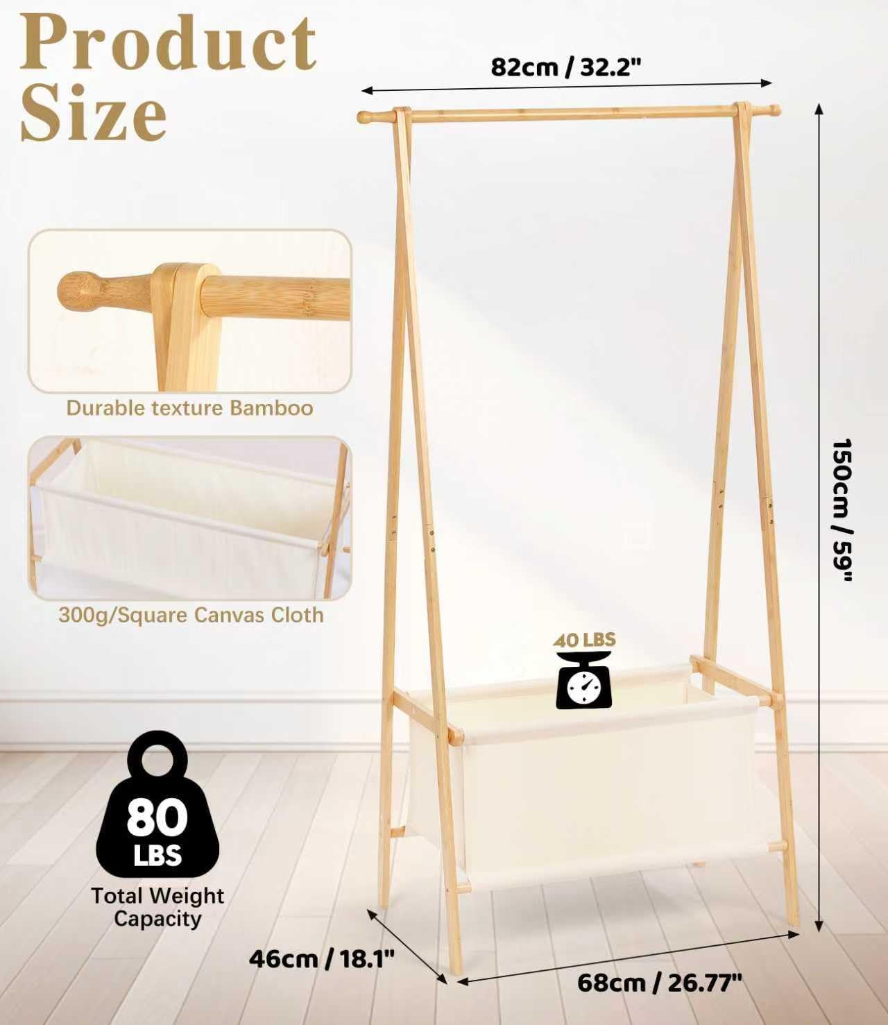 Bamboo Clothes Rack with Storage Box, Portable Extra Large Garment Rack Clothing Rack, Foldable Wardrobe For Entryway and Bed Room (M)