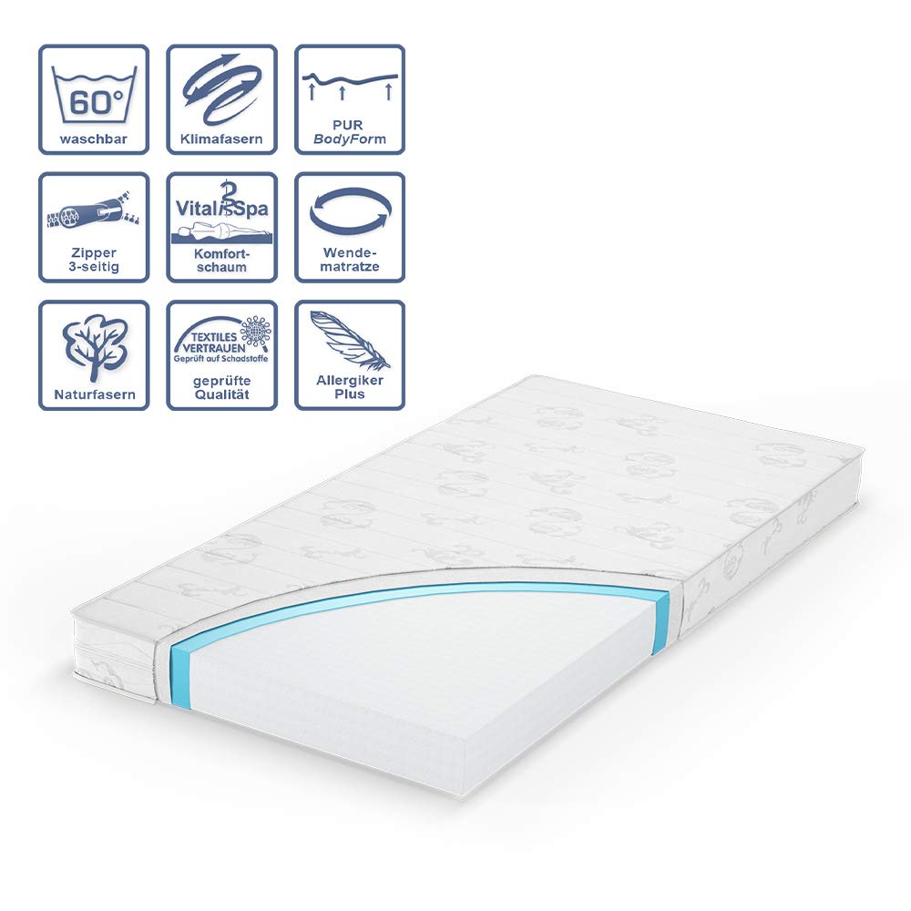 VitaliSpa Materasso bambini, Bianco, 140 x 70 cm Livello di durezza H2, con rivestimento rimovibile e nucleo punto-elastico