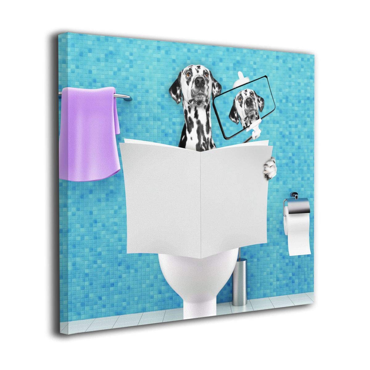 HIBIPPO Dog Sitting On A Toilet Seat With Reading Newspaper Making Selfie Canvas Wall Art Prints Artwork Pictures Home Decor For Living Room Dining Room 12"x12" Ready To Hang