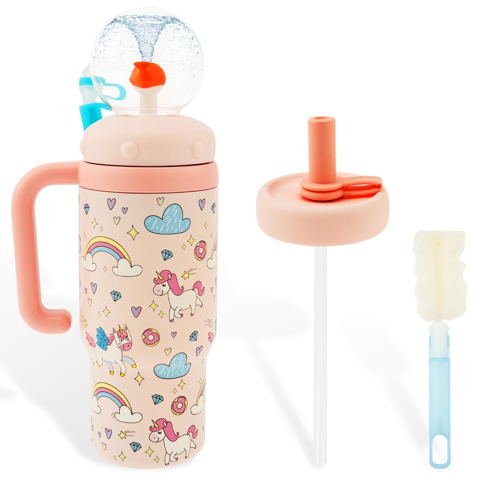 Bicchiere a forma di fontana di balena in acciaio inox, 710 ml, a prova di perdite, con cannuccia, manico e coperchio, simpatica tazza con effetto balena, per bambini, adolescenti e adulti