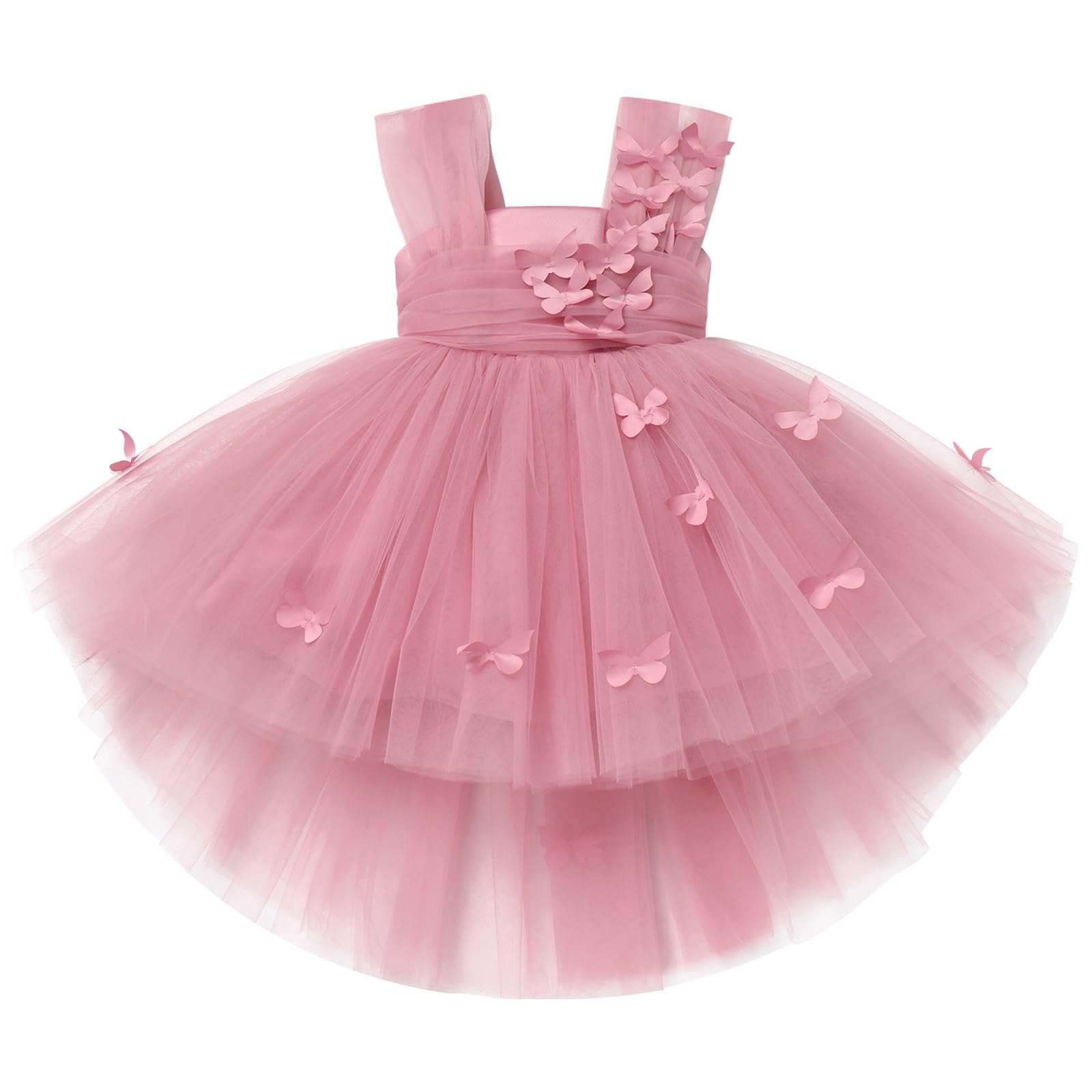 Toddler Flower Girl Tulle Tutu Dress Butterfly Toddler Girl Wedding Formal Birthday Outfits Cake Smash Tea Party Baptism Easter Dresses 1st Communion Christening Tulle Dress Dusty Pink 18-24Months