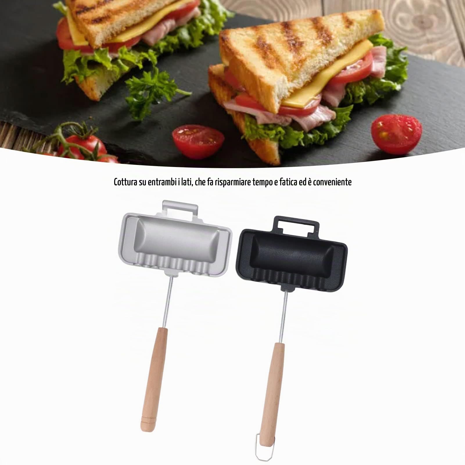 Teglia da Forno per Sandwich a Doppia Faccia, Tostapane per Hot Dog con Manico Rimovibile, Teglia per Sandwich per la Colazione Flip Grill Pan per Colazione, Frittelle, Omelette