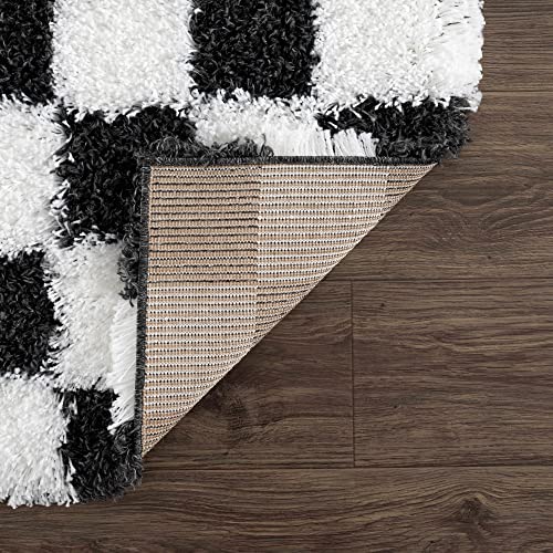 Hauteloom Atira Checkered Shag Runner Rug - Checkboard Design - High Pile Fluffy Shaggy Touch - Square Tiles - Kids Room, Hallway, Bedroom Shag - Black, White - 2'7" X 7'3" #TOP4