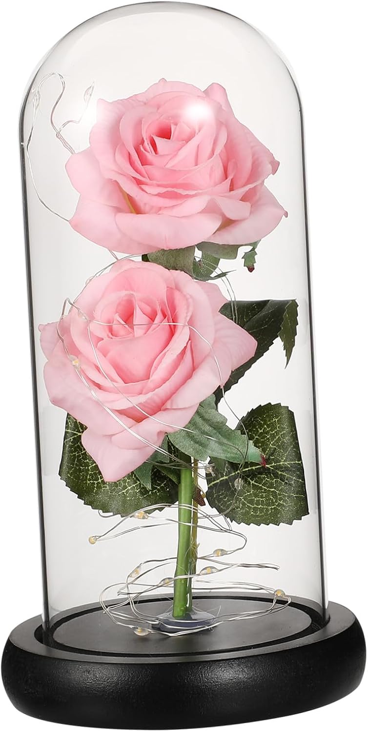 Ipetboom Artificial Rose Lamp with LED Light, Faux Rose Flower Light in Glass Dome, Romantic Valentine’s Day Decoration with Black Base, Battery-Free Table Accent for Home