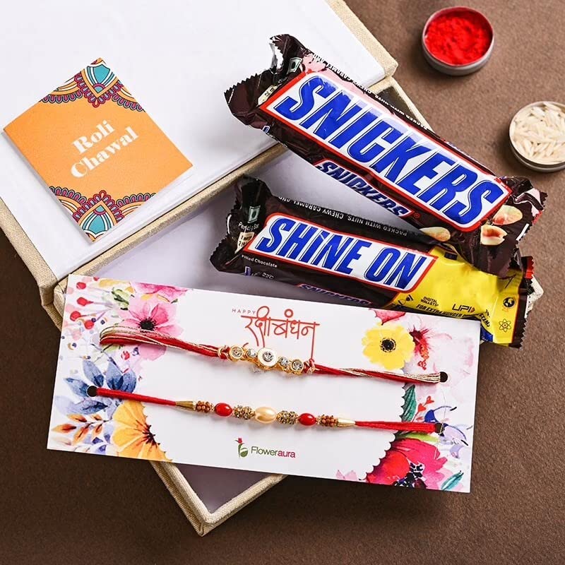 FlowerAura Set Of 2 Designer Rakhi With 2 Snickers Chocolate Bar Gift's For Brother's RakshaBandhan (Roli & Chawal)