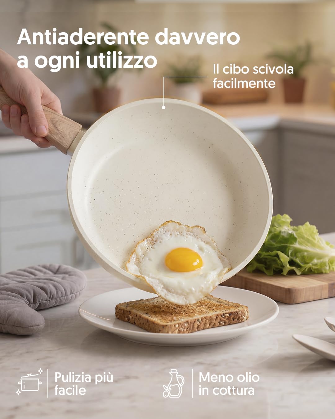 La Moustache - Batteria di Pentole Antiaderente 14 Pezzi con Accessori, Casseruole, Padelle, Coperchi in Vetro e Utensili + Set di 5 Coltelli in Acciaio Inox con Pelapatate, Effetto Marmo (Latte)