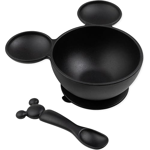 Bumkins Disney Baby Bowl, Silicone Feeding Set with Suction for Baby and Toddler, Includes Spoon and Lid, First Feeding Set, Essentials for Baby Led Weaning, Babies 4 Months Up, Mickey Mouse Black