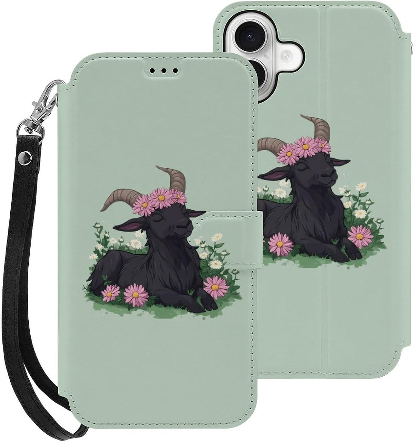 Black Goat Daisy Wreath Compatible with iPhone 16/16 Plus/16 Pro/16 Pro Max/16 E Case Phone Wallet Card Holder Flip Cover with Wrist Strap