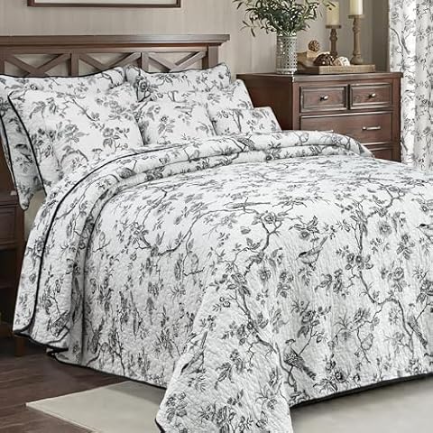 EVENHUG 100% Cotton Quilt Queen Size Black Bird Bedding Set Double Printing Lightweight Quilt Reversible Coverlet Bedspread with Pillow Shams All Seasons 3 Pieces (92"x96") Cover