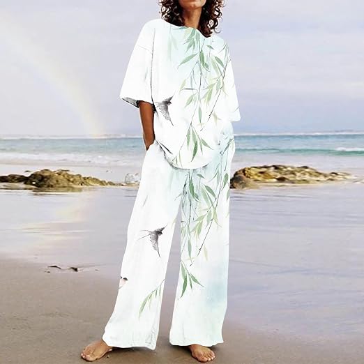 Ensemble En Lin Femme 2 Pièces Survêtement Chic Été - Chemise + Pantalon Large Grande Taille, Tenue Décontractée Respirante Plage Et Sport