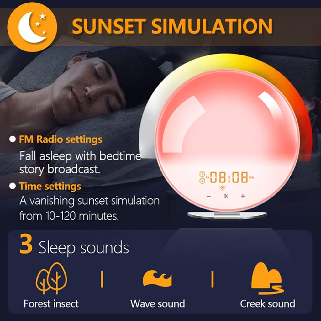 Sveglia All'alba, Doppio Allarme, Funzione Snooze, Sveglia Digitale, Radio FM e 7 Suoni Naturali e 7 Colori, Ideale per Bambini e Adulti
