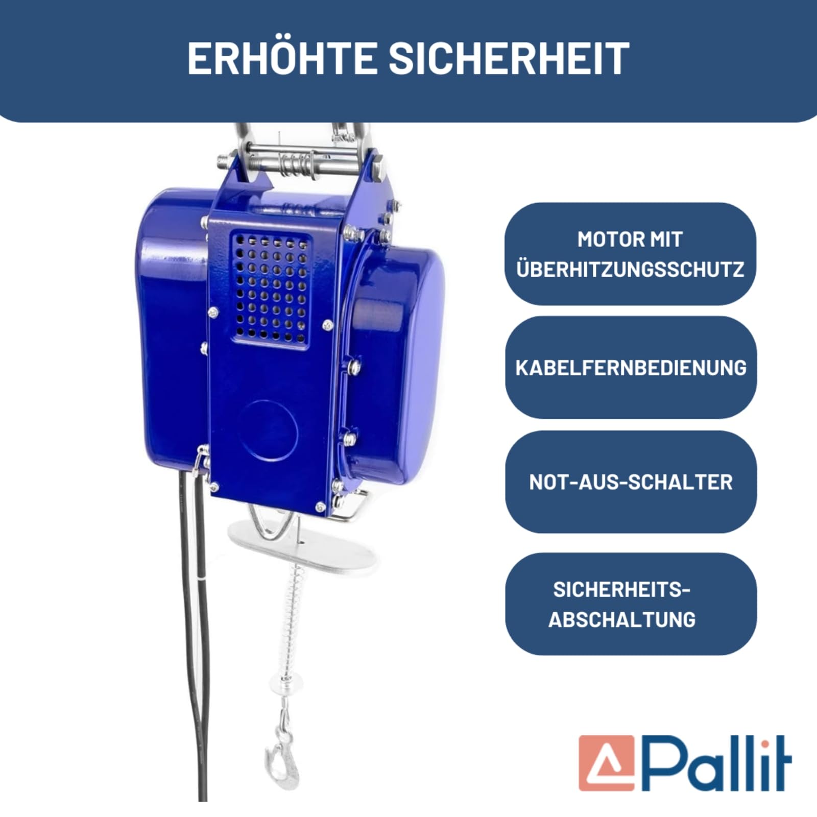 Pallit Argano elettrico mobile | 100/200 kg | cavo dacciaio 12 m | incl. telecomando con cavo lungo 1,5 m di lunghezza
