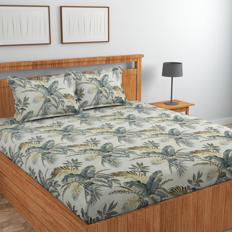 Image of NEW LEAF Cotton Fitted King Size Bedsheets with 2 Pillow Covers | Elastic Fitted | Wrinklefree | Ultrasoft |Winter Bedsheet 220 tc tc Floral | 710x72+10 Inches, Off White