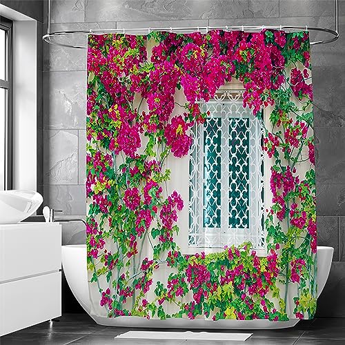 OCEUMACO Garden Scene Shower Curtain Wet Room Bath Outdoor 3D Wall Window Flower Picture Extra Long Bathroom Curtains Anti Mould Proof 180x180 cm Waterproof Fabric with Hooks - Green Pink Red - Image 3