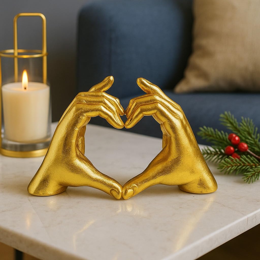 SATYAM KRAFT 1 Pcs Golden Heart Statues Valentine Gift for him her Girlfriend Boyfriend Husband Wife Girls Romantic Couple Showpiece for Home Decor,Living Room,Birthday,Wedding,Anniversary Decoration