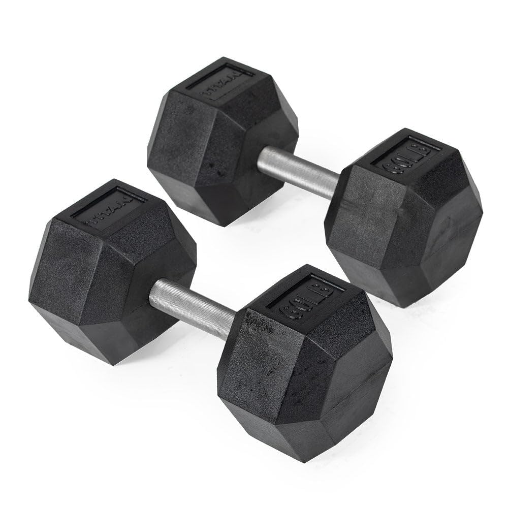 Titan Fitness 60 LB Pair Free Weights Black Rubber Coated Hex Dumbbell Straight Stainless Steel Handle Strength Training