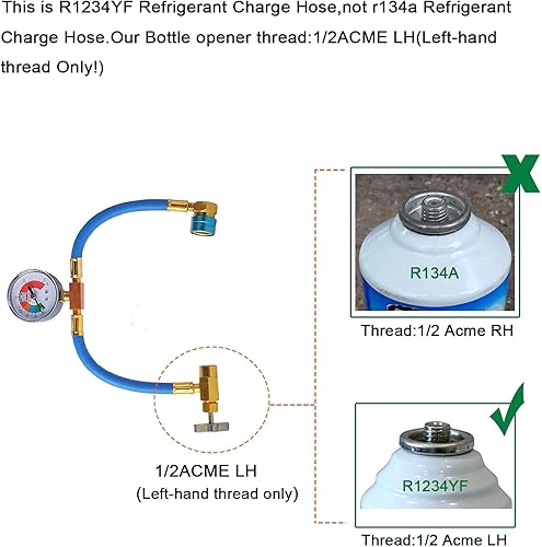 Miniatura 7 de R1234YF Kit de manguera de carga de refrigerante, R-1234YF Manguera de lata de refrigerante de CA con manómetro, grifo abrelatas de 12 LH y