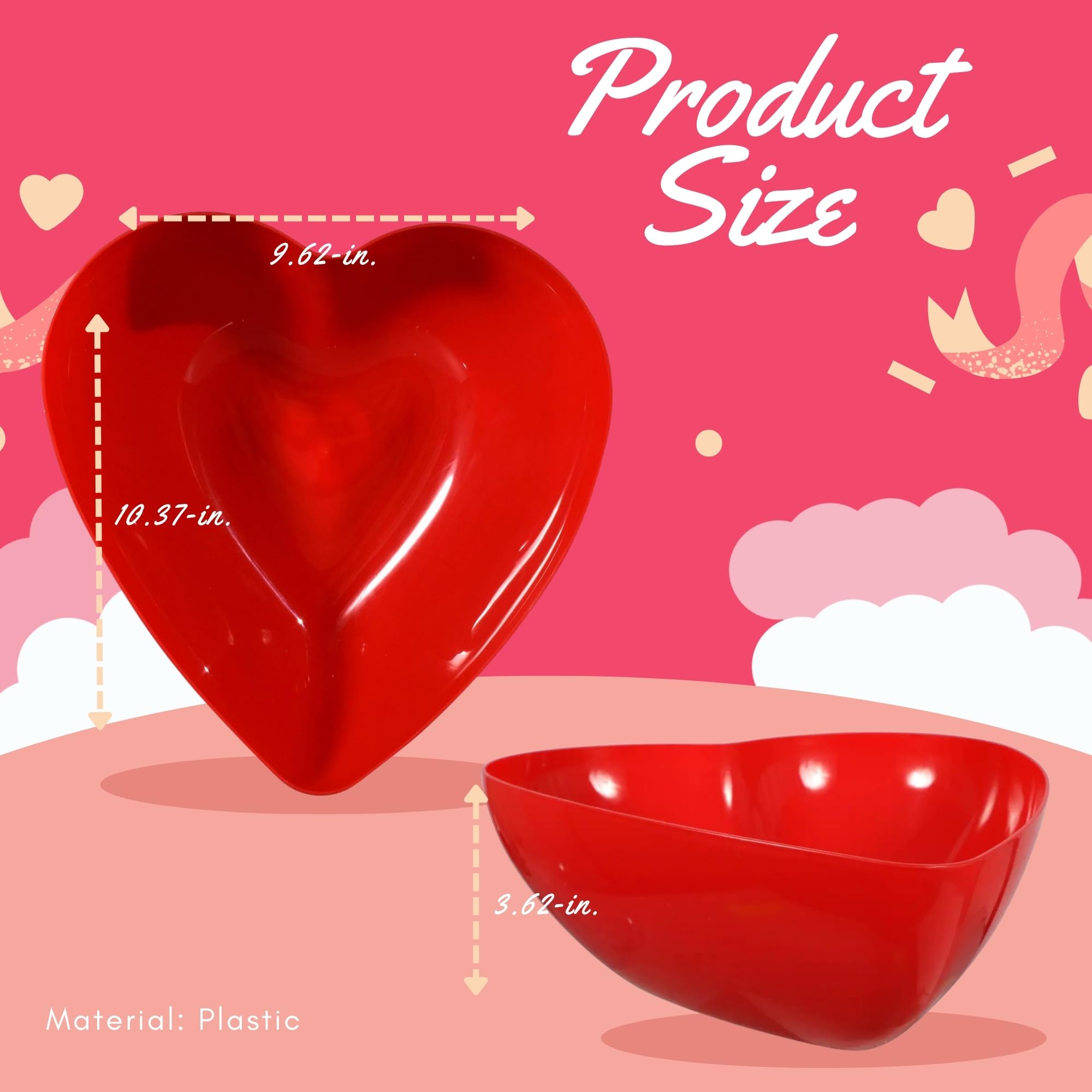 A1U Red Valentine Heart-Shaped Deep Bowls, Themed-Party Multi-Use Storage Organizer Canisters Gift Stuff Favor Stackable Reusable Plastic Home Kitchen Dinnerware Serveware Decorations, 1 ct.