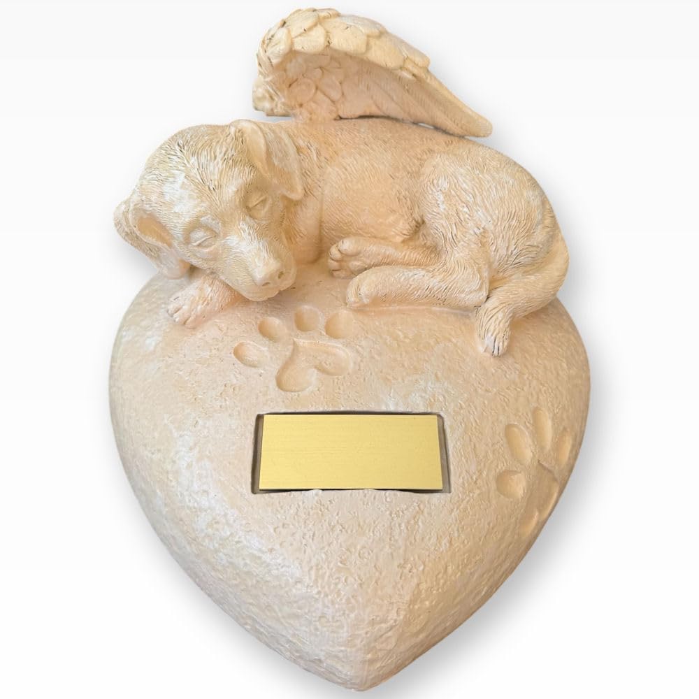 Monello Urne chien sur cœur pour chiens de taille moyenne à grande pesant jusqu'à 40 kg avec gravure personnalisée sur demande (ivoire)