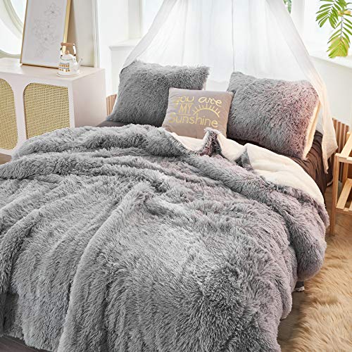Flysheep Luxury Faux Fur Full/Queen Size Winter Comforter Set Shaggy Velvet Gray Long Hair, 3 Pieces...