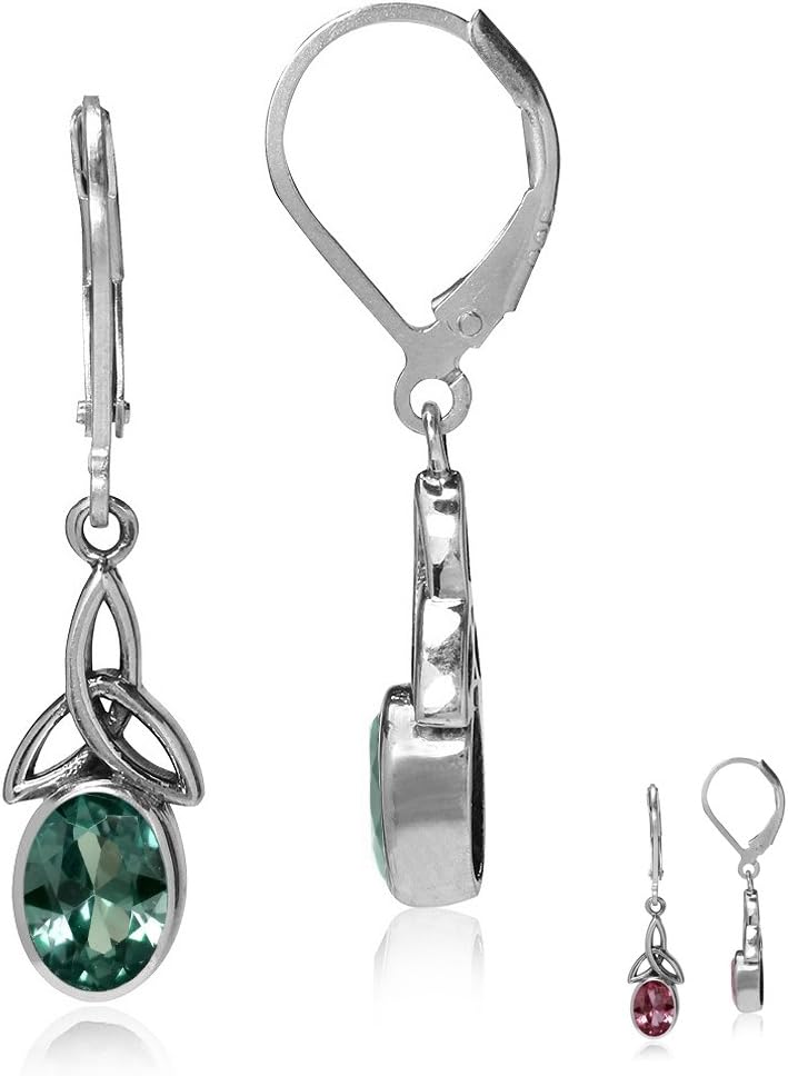 Silvershake 7X5mm Oval Shape Birthstone Gemstone White Gold Plated or Yellow Gold Plated 925 Sterling Silver Triquetra Celtic Knot Leverback Dangle Earrings Jewelry for Women