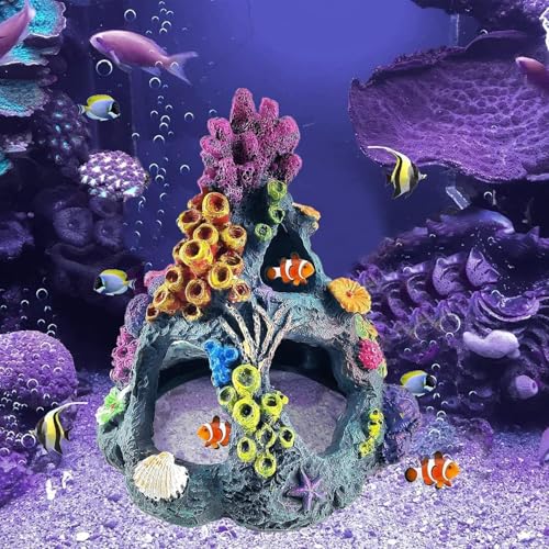 Image of PINVNBY Coral Aquarium Decorations (Size: 6.3 x 4.7 x 4.7 inches) Small Fish Tank Decorations Hideout Resin Rock Mountain Cave Ornaments Betta Hideout House for Beta Sleep Rest Hide Play Breed