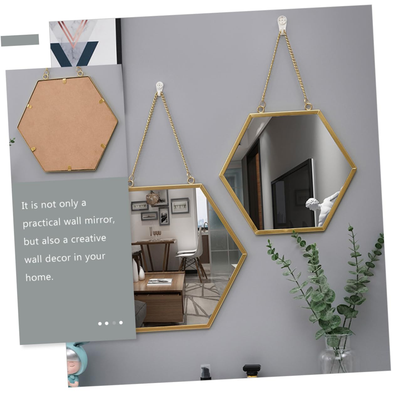 Anneome Specchio Cosmetico da Parete Esagonale, Decorazione Murale in Metallo e Vetro, per Bagno e Toeletta, Stile Decorativo Raffinato