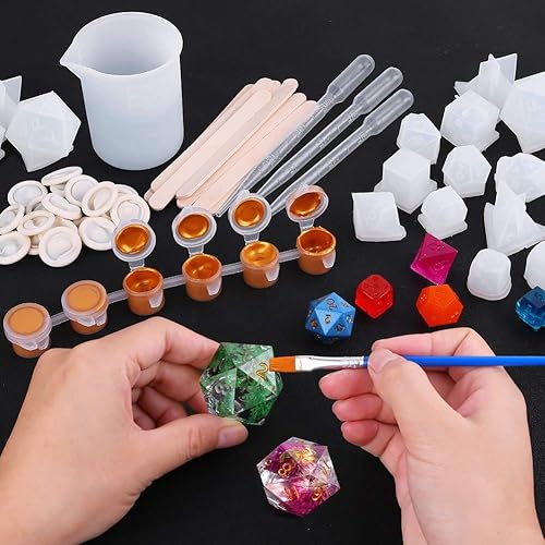 Miniatura 5 de Shynek - Juego de moldes para dados de resina (19 estilos) con moldes de dados de silicona, palitos para mezclar, vaso de medición, cuentagotas,