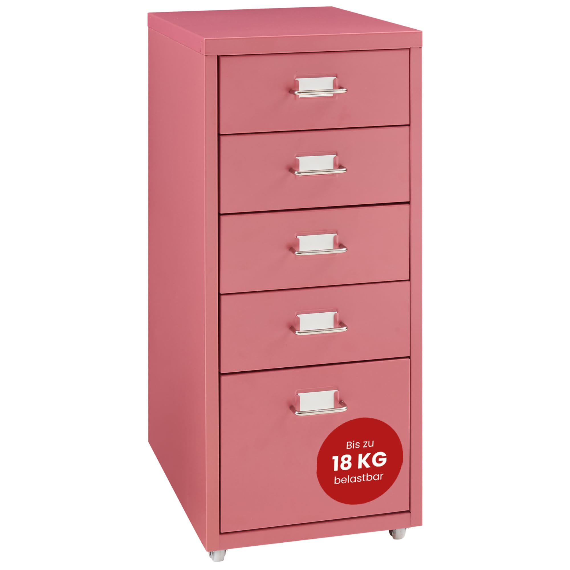 en.casa Rollcontainer mit 5 Schubladen – Kökar, Metall-Aktenschrank, 69 x 28 x 41 cm, Wassermelonenrot