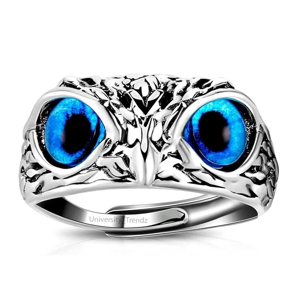 Stainless Steel Owl Eye Ring for Men & Women Adjustable Open Band Ring with Blue Crystal Eyes Vintage Animal Design Statement Finger Ring Fashion Jewelry Gift for Boys Girls-image-13
