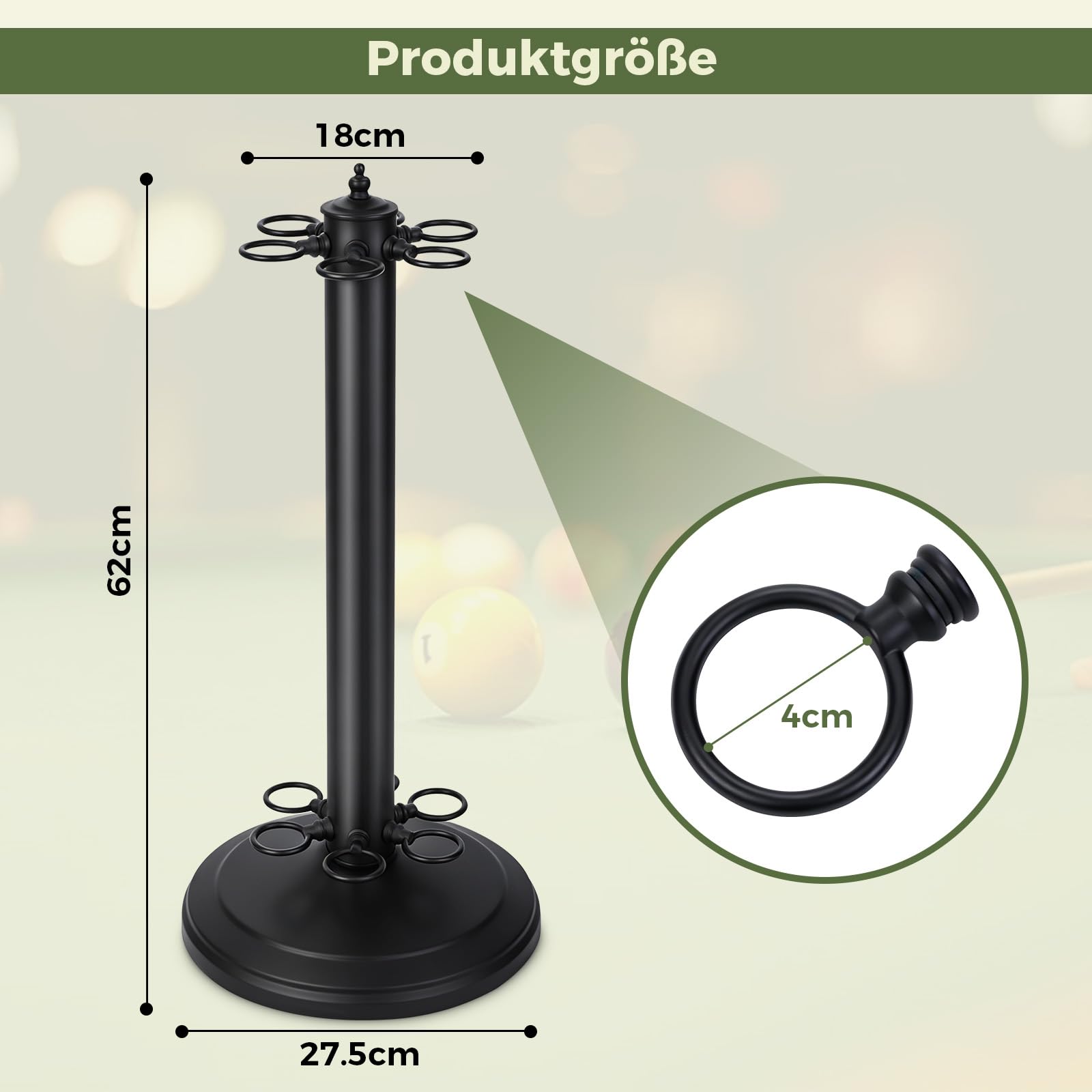 Billard Queue Halter, Billardqueue Halterung Pool Queueständer, 6-loch | Freistehender Metall Poolqueuehalter zur Aufbewahrung von Billardqueues, für Billardzimmer, Bars & Club