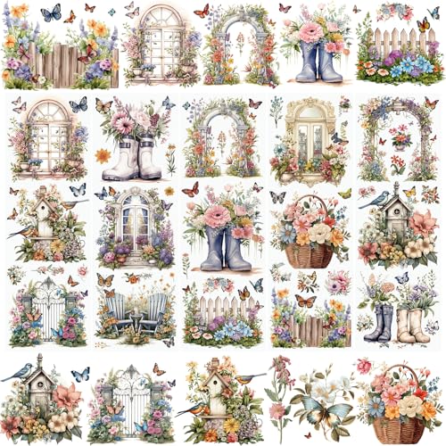 WANDIC 5 PCS Flower Theme Rub On Transfer Sticker,Window&Scenery Sticker Butterfly Decal for Present Packaging DIY Scrapbooking Albums Furniture,10 * 30cm