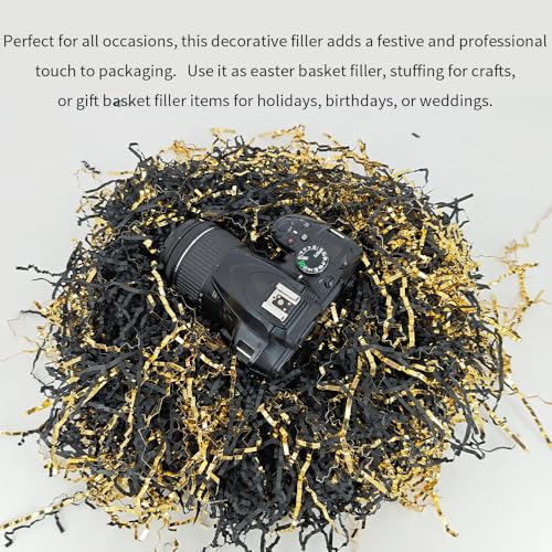 Acoeitl 5.3 OZ Black & Gold Crinkle Paper Filler Shredded Confetti Stuffing Paper for Gift Baskets Boxes and Bags Crinkled Cut Papers Shred Basket Grass for Birthday and Christmas Box Filling by Acoeitl - Image 6