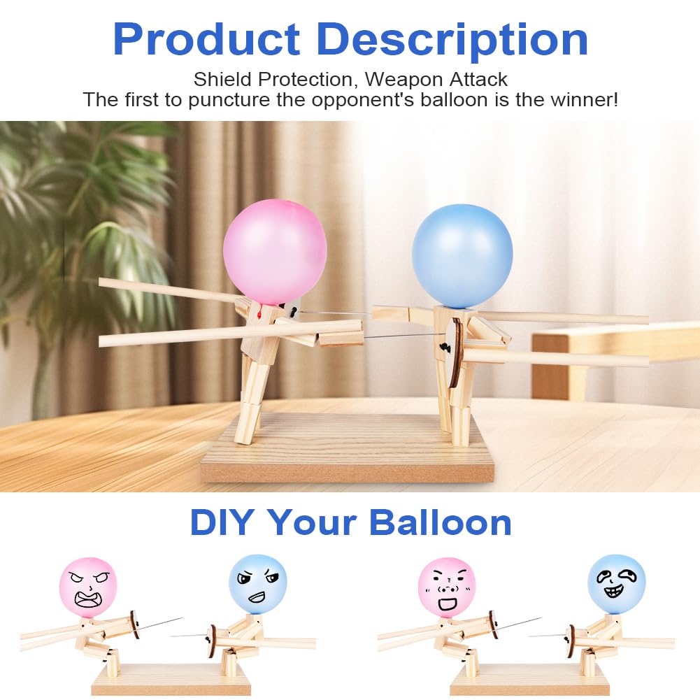 AYESY Wooden Balloon Brawlers Fencing Game, Balloon Bamboo Man Fencing Puppets Game with 200 Balloons - Image 4