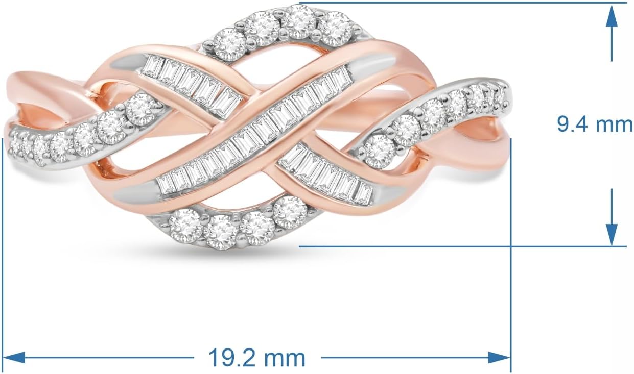 Jewelili 10K Rose Gold 1/3 Cttw Natural White Round and Baguette Diamonds Crossover Statement Ring