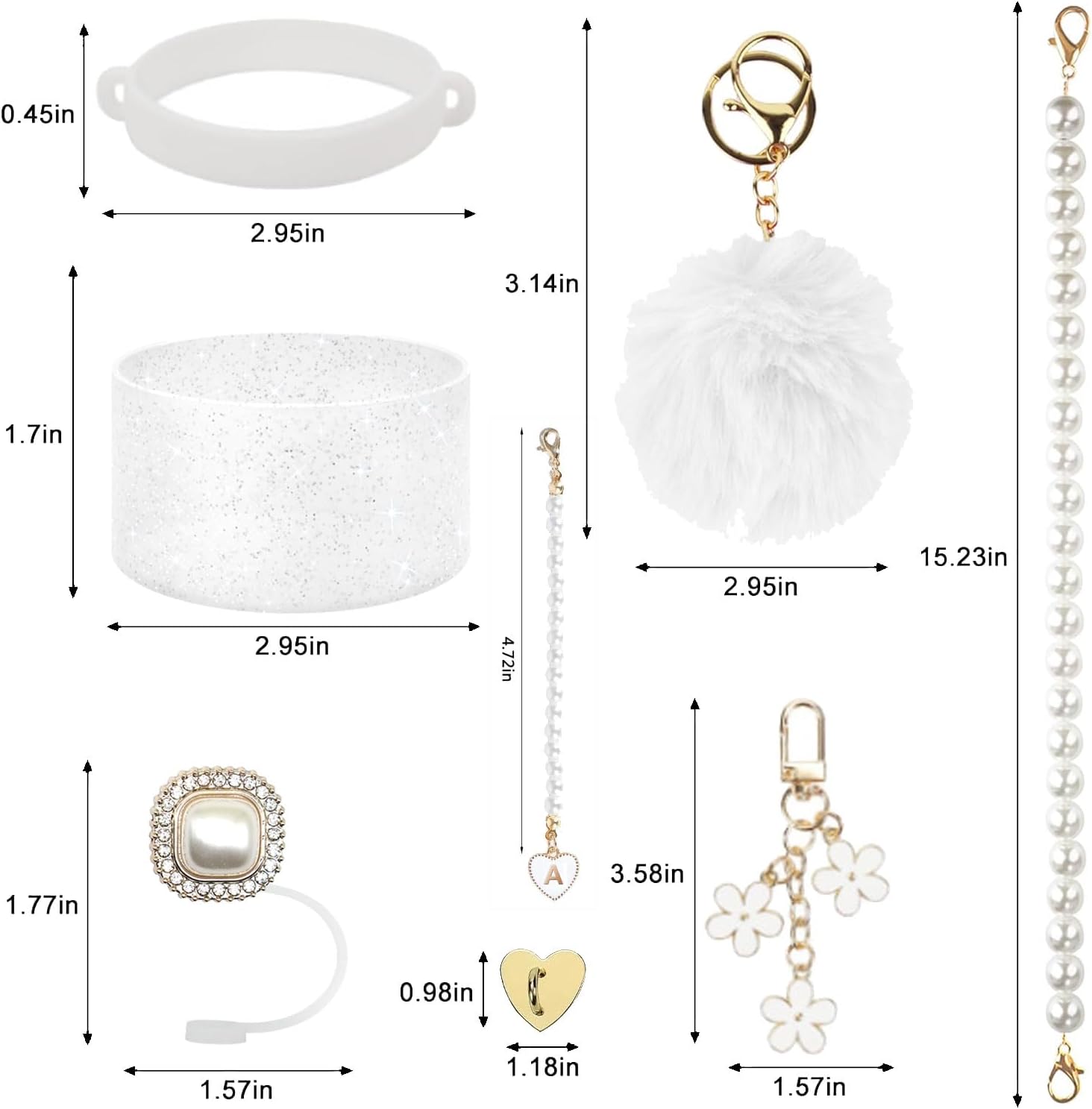 Stanley Cup Accessories Set, Shinning Cup Boot, White Pearl Water Bottle Handle Strap & Pearl Straw Cover, Keychain Charms Tumbler Decorations for Stanley Accessories 30oz 40oz (8pcs White Pearl) - Image 3