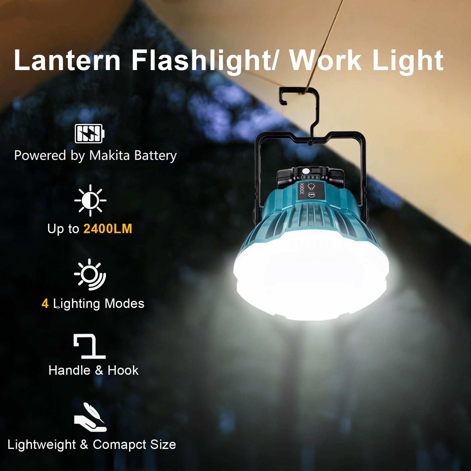 GRVODFRTA LED Camping Lantern Light Compatible with Makita 18V Battery, 2400LM 3 Adjustable Brightness Cordless Portable LED Work Light Floodlight with Hook for Tent Jobsite Ceiling(No Battery)