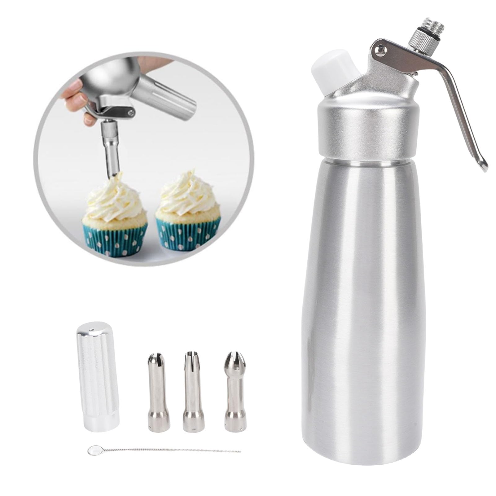 Fockety Sifone per panna montata, bomboletta professionale in alluminio 500 ml con 3 beccucci decorativi e spazzola per la pulizia, spruzzatore di panna per dessert