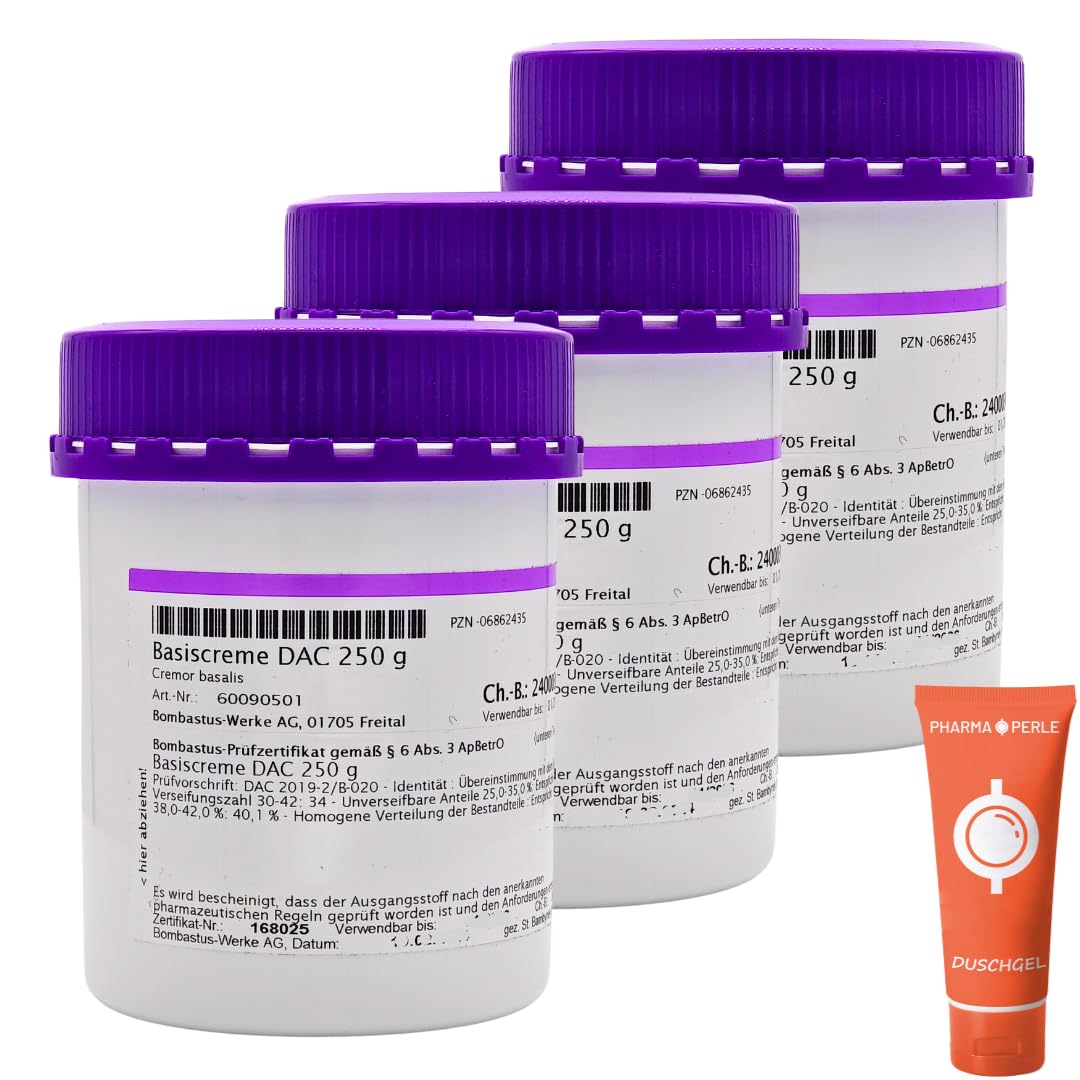 Basiscreme DAC 3x 250 g I Hautpflege I Neurodermitis, Psoriasis, Schuppenflechte, Akne I Trockene Haut I Juckreiz I Subakut-chronisch entzündliche Hauterkrankungen I Spar-Set plus Pharma-Perle