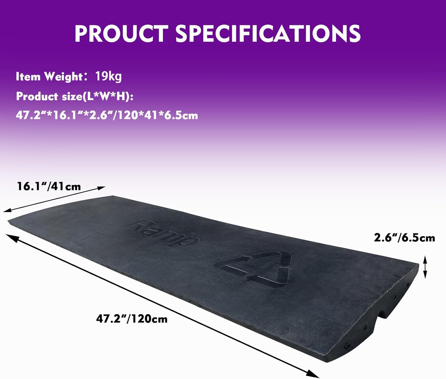 heavy duty rubber car ramp - 44000lbs capacity, 2.6 inch high threshold for driveway, curb, doorway, loading dock, garage, sidewalk (trc08-1)