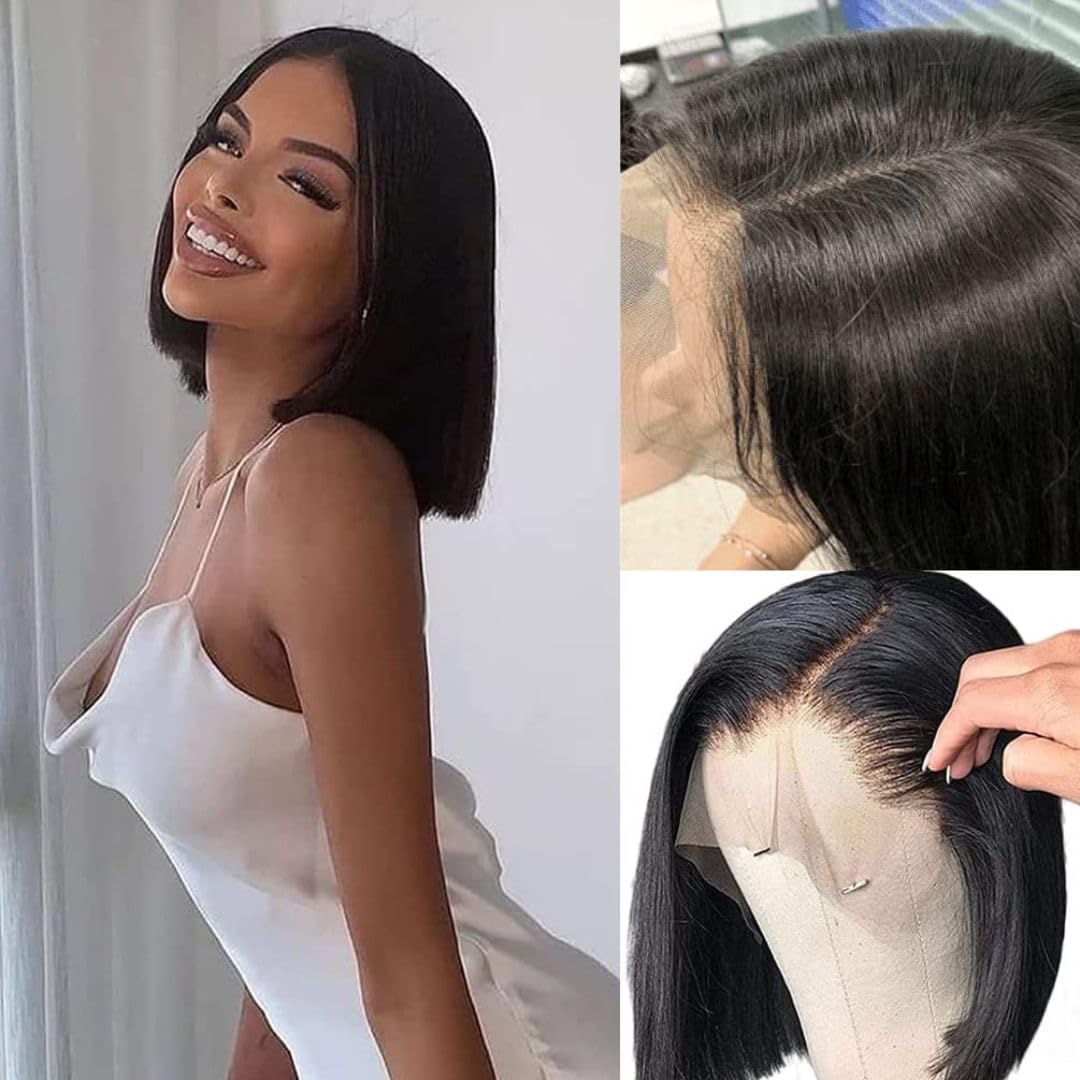 nd NOVA DONNA Natural Black Bob Premium Human Hair Lace Front Wigs for Black Women 13x4 Frontal Wigs Human Hair Pre Plucked Glueless Straight Bob Wigs with Baby Hair 180% (14")