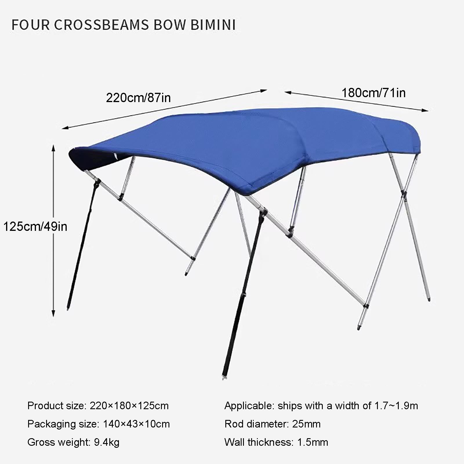 Bimini Top Copertura di ricambio – Copertura in tela resistente di grado marino per barche, facile installazione, 214,9 cm L x 124,9 cm H x 71,3 cm-219,3 cm W