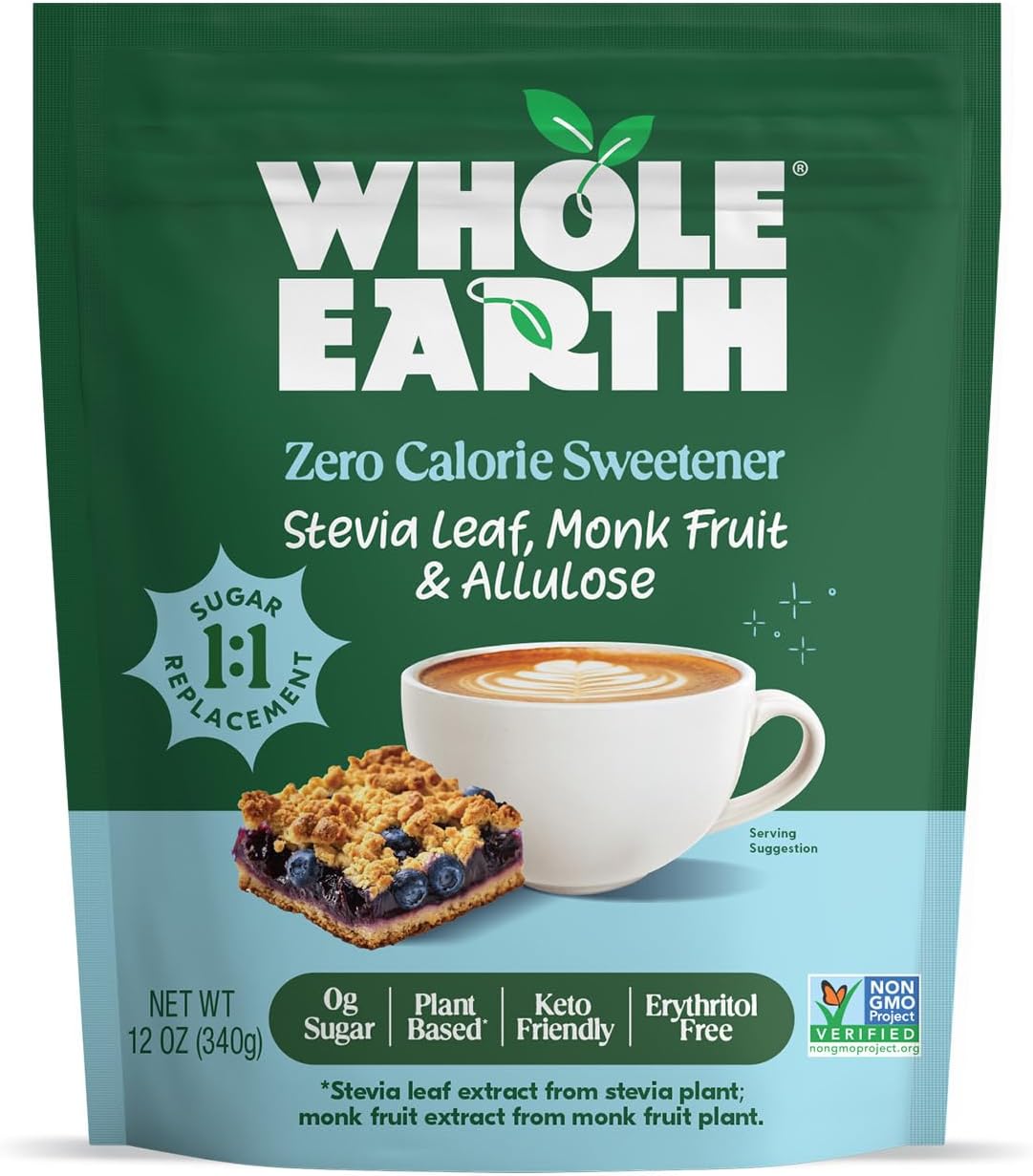 Whole Earth Zero Calorie Stevia, Monk Fruit and Allulose Sweetener, Zero Calorie Sugar Substitute, Keto-Friendly, Non-GMO, No Erythritol, Erythritol-Free, Pouch, 12oz Pouch