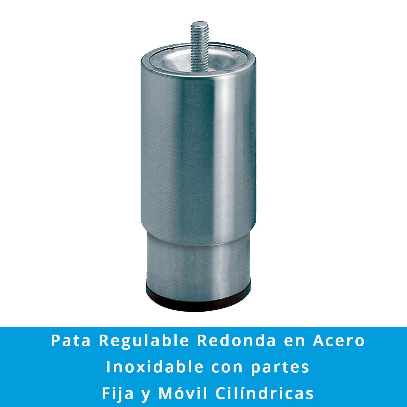 Pack 4 x Patas Regus Redondas Acero Inoxidable Partes Fija y Móvil Cilíndricas | Con Espárrago Roscado Cilindrico 2' Inox | Peso: 305g | Mín 40mm/Máx 105mm | Ajustable y Resistente Hasta 700 kg