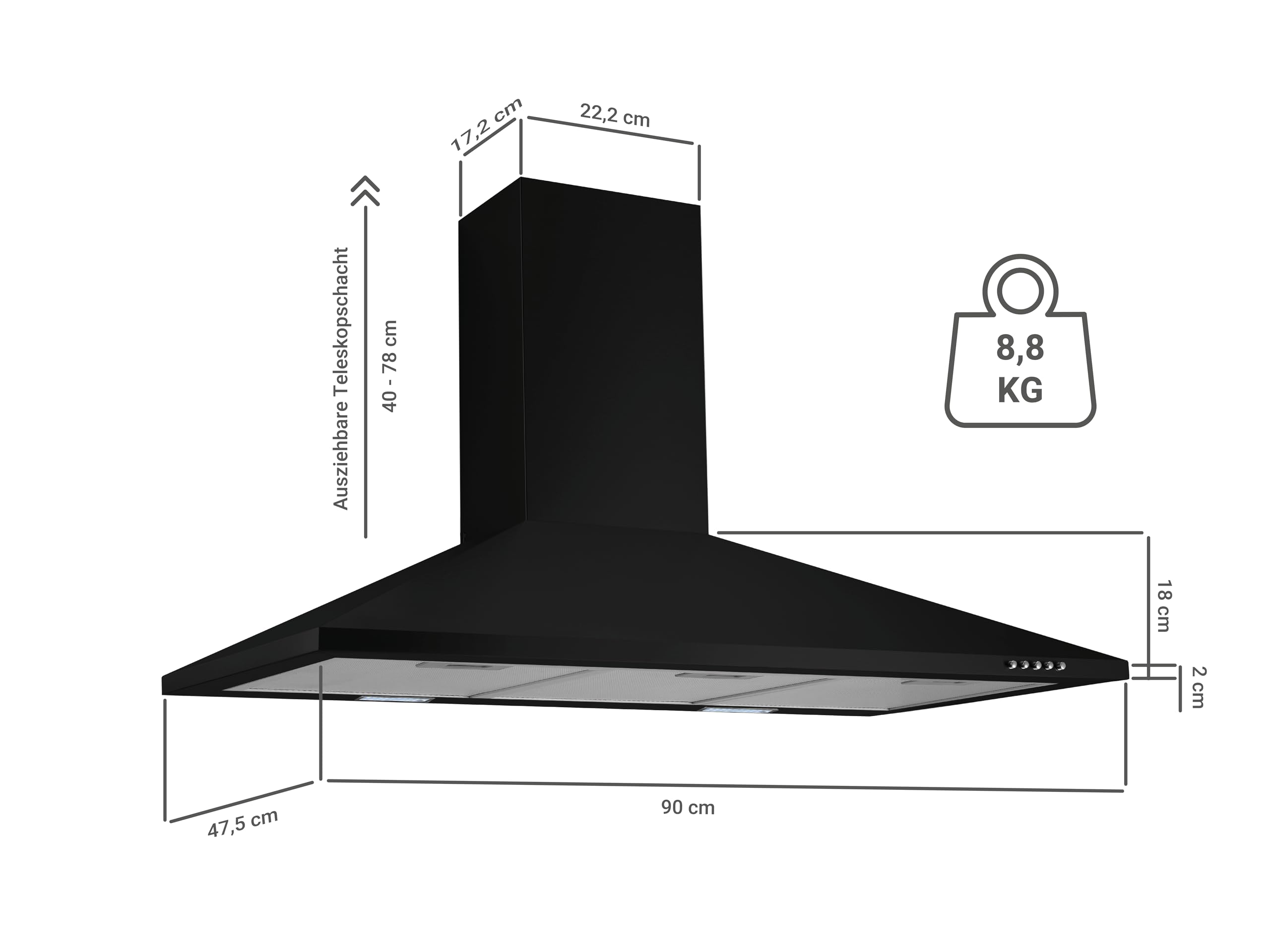 Respekta Dunstabzugshaube Karena / Kaminhaube 90 cm / Metallgehäuse schwarz matt /Abluft - und Umluftfunktion / CH22055-90 S / 53 – 68 dB